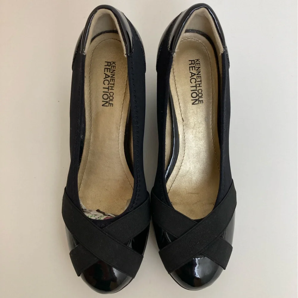 *Kenneth Cole Reaction Don’t Cross Me Faux Black Patent Leather Wedge Shoes #SR